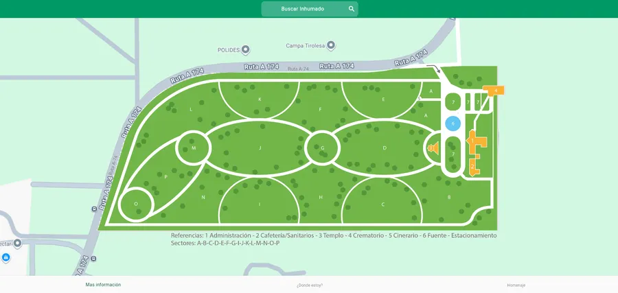 Mapa digital de un cementerio parque en JKMATE, con sus sectores