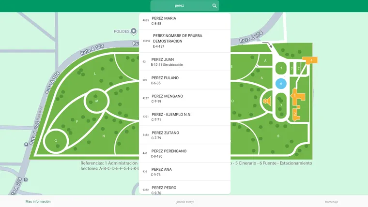 Búsqueda de un inhumado por apellido en el mapa del parque
