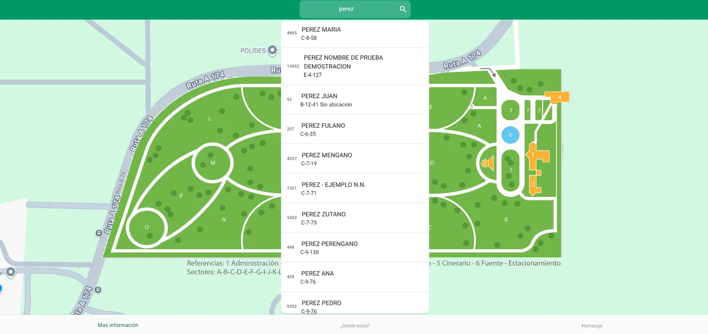 Búsqueda de un inhumado por apellido en el mapa del parque