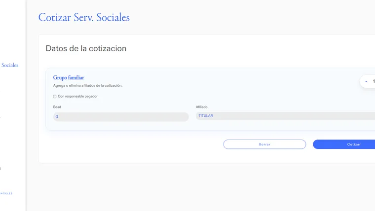 Pantalla de cotización de servicios sociales en JKMATE
